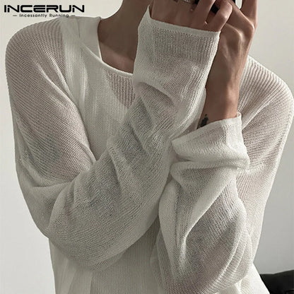 INCERUN Tops 2024 Handsome Men Hollowed Knitted Design T-shirt Casual Stylish Well Fitting Male Thin Long Sleeved Camiseta S-5XL