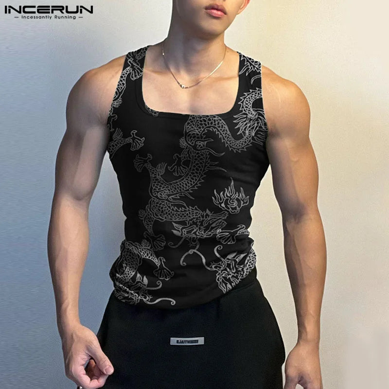 INCERUN Tops 2023 Style coréen Hommes Rayé Dragon Motif Imprimé Gilets Décontractés Streetwear Vente Chaude Sans Manches Débardeurs S-3XL