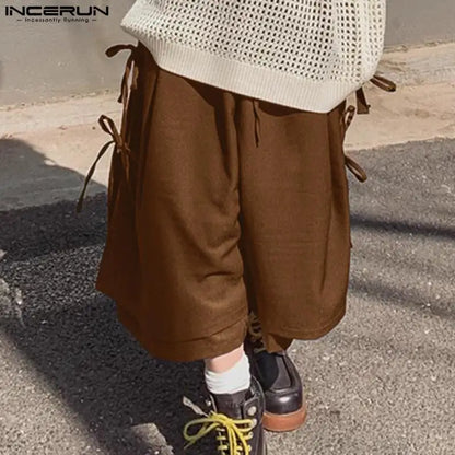 INCERUN 2024 Pantalons im koreanischen Stil für Herren, Patchwork-Design mit seitlichem Riemen, lässige Streetwear, einfarbig, kurze lange Hose, S-5XL