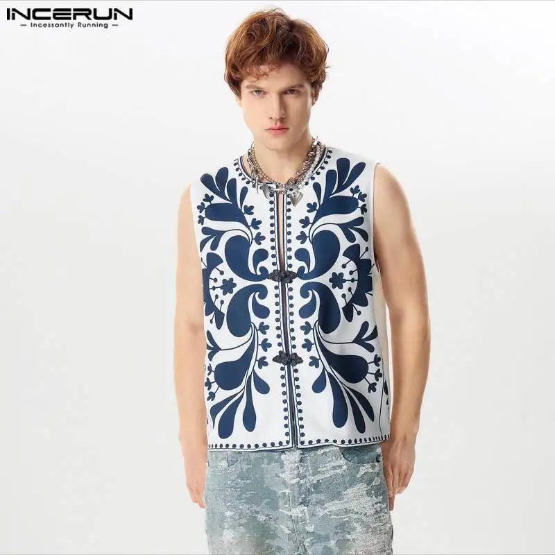 INCERUN Tops 2024 American Style Fashion Men's Buckle Design Shirts Personality Floral Pattern Sleeveless Cardigan Blouse S-5XL