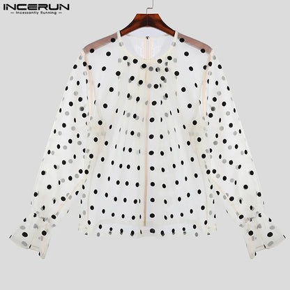 INCERUN Tops 2024 Korean Style Fashion Men's High Neck Polka Dot Perspective Shirts Clubwear Thin Puff Long Sleeved Blouse S-5XL