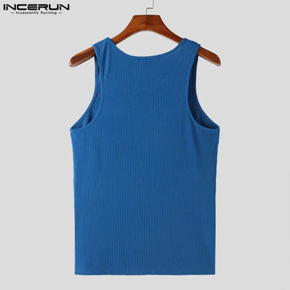 INCERUN Tops 2024 Korean Style New Men's Hollow Knitted Tight Vests Casual Streetwear Solid All-match Sleeveless Tank Tops S-5XL