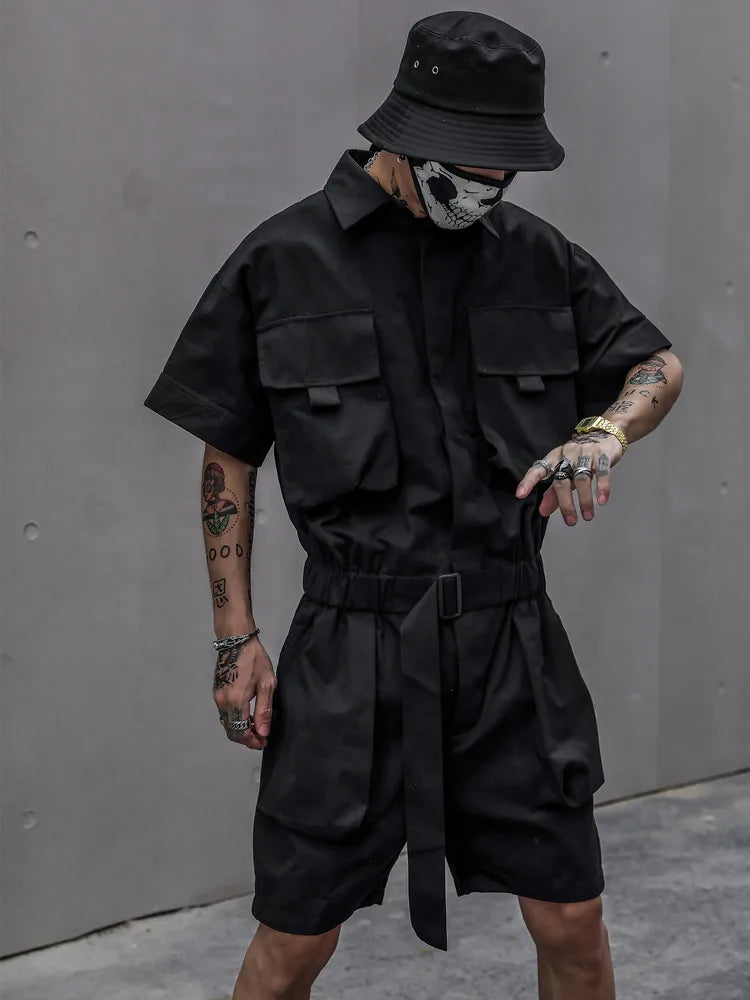 HOUZHOU Techwear Kurzer Overall für Herren Schwarz Bodysuits Overalls Herren Grün Männlich Japanische Streetwear Sommer Taschen Hip