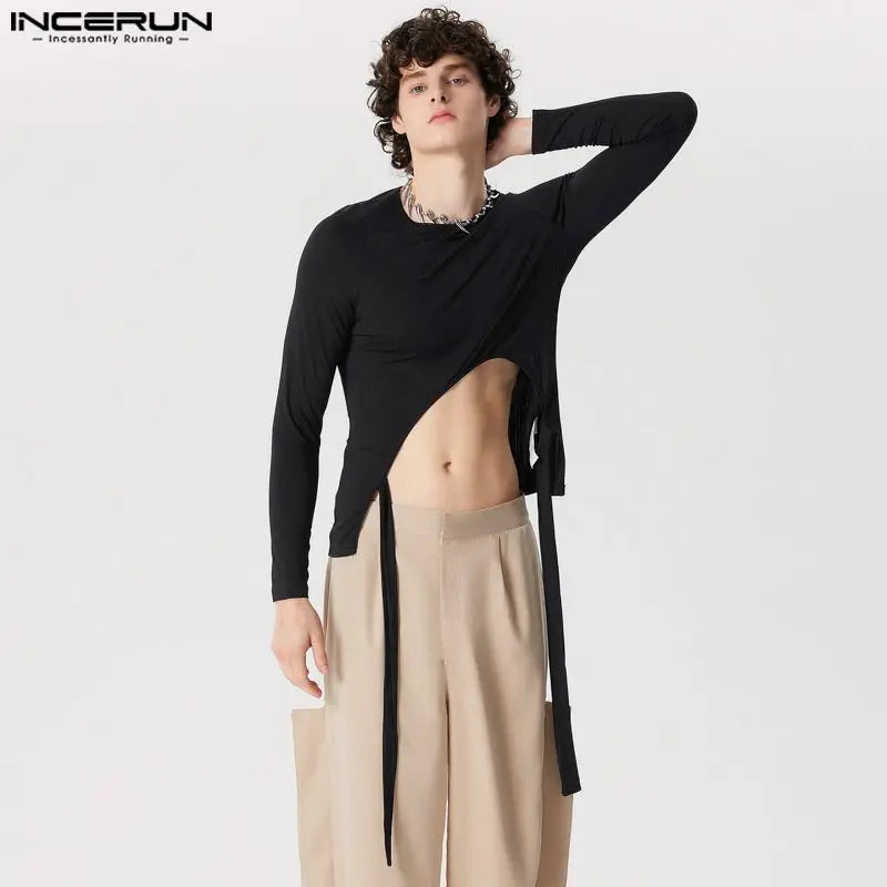 INCERUN Tops 2024 American Style Sexy Men's Knitted Short Strap Design Camiseta Casual Clubwear Male Long Sleeved T-shirts S-5XL