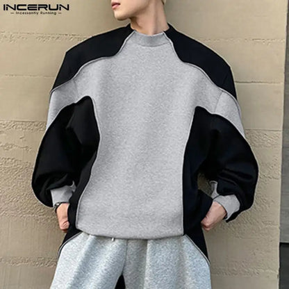 Fashion Casual Style Tops INCERUN Mens Contrast Deconstruction Design Sweaters Handsome Male O-neck Long Sleeved Pullovers S-5XL