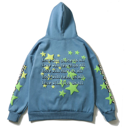 High Street Letter Foam Stars Print Men's and Women's Fleece Hoodie Retro Autumn and Winter Casual Pullover Hooded Sweatshirts