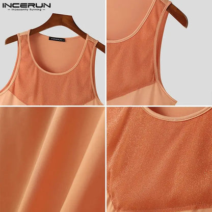 INCERUN Tops 2024 American Style New Men Glitter Fabric Mesh Splicing Vests Casual Sports Male Fitted Sleeveless Tank Tops S-5XL