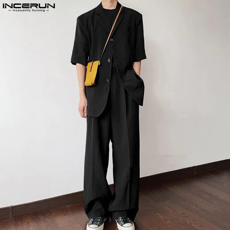 INCERUN 2024 Korean Style New Men Sets Short Sleeved Suit Jacket Long Pants Fashion Simple Male Suit Collar Two-piece Sets S-5XL