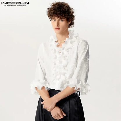 INCERUN Tops 2024 Handsome New Men's Ruffled Edge Patchwork Texture Shirts Male Leisure Streetwear Solid 3/4 Sleeve Blouse S-5XL