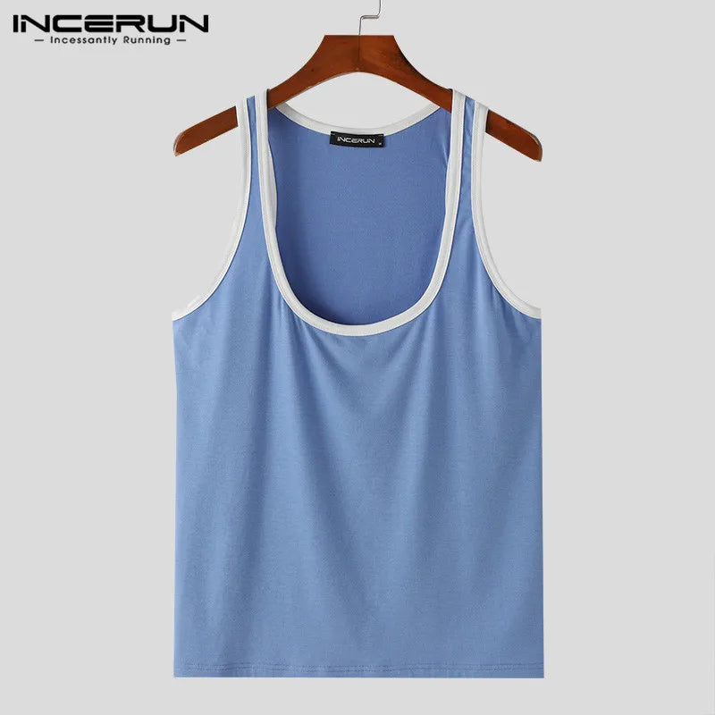 INCERUN Tops 2024 American Style New Men's Contrasting Color Patchwork Large Tank Tops Casual Streetwear Male U-neck Vests S-5XL