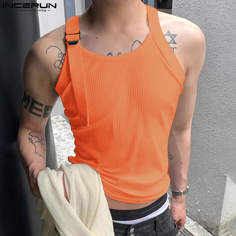 INCERUN Tops 2024 Korean Style Men's Knitted Shoulder Strap Design Vests Summer Streetwear Male Sleeveless Solid Tank Tops S-5XL