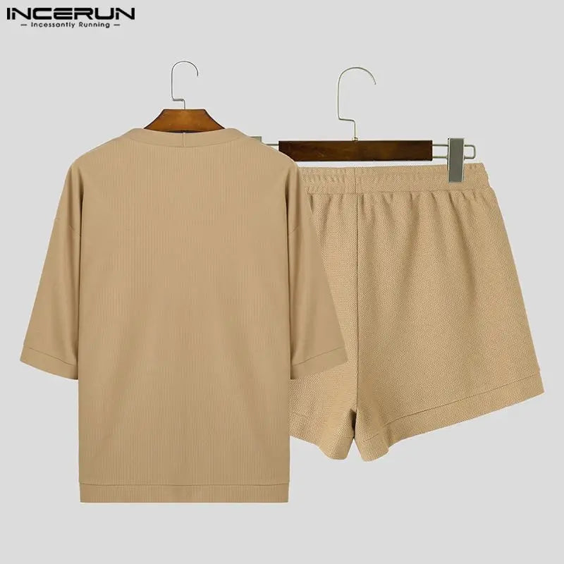 INCERUN 2023 Korea Style Sexy New Men's Sets Medium Sleeve Cardigan Shorts Casual Hollowed Solid Color Male Two Piece Sets S-5XL