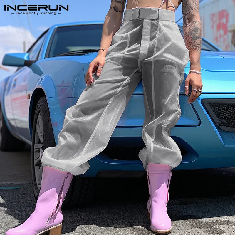 INCERUN 2024 American Style Pantalons Men's Solid See-through Mesh Long Pants Leisure Clubwear Sexy Hot Sale Thin Trousers S-5XL