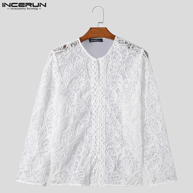 INCERUN Tops 2024 American Style Fashion Men Perspective Jacquard Button Shirts Casual Simple Long Sleeved Cardigan Blouse S-5XL