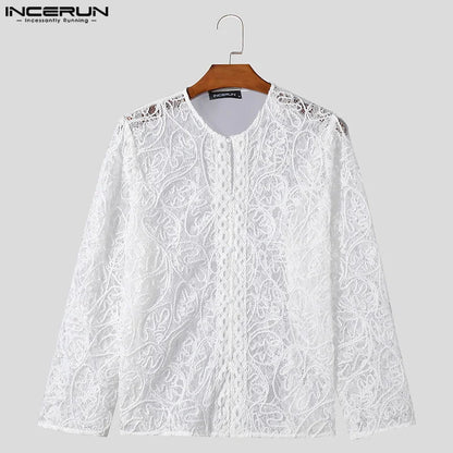 INCERUN Tops 2024 American Style Fashion Men Perspective Jacquard Button Shirts Casual Simple Long Sleeved Cardigan Blouse S-5XL