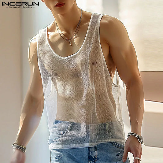 Fashion Casual Style Tops INCERUN 2024 Sexy Mens Dense Mesh Perspective U-neck Tank Tops Summer Male Thin Sleeveless Vests S-5XL