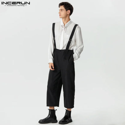 INCERUN 2024 Fashion New Men Rompers Loose High Waisted Wide Leg Jumpsuits Casual Solid Well Fitting Shoulder Strap Pants S-5XL