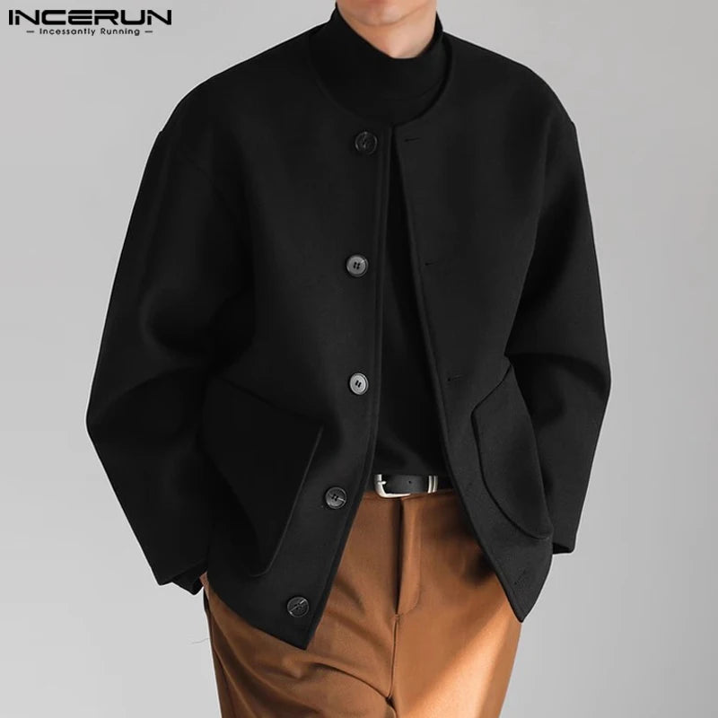 INCERUN Tops 2023 Korean Style Men's Solid Well Fitting Jackets Autumn Winter Casual Streetwear Long Sleeved Jackets Coats S-5XL