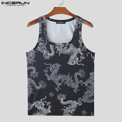 INCERUN Tops 2023 Style coréen Hommes Rayé Dragon Motif Imprimé Gilets Décontractés Streetwear Vente Chaude Sans Manches Débardeurs S-3XL