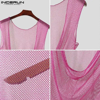 Summer Top Tee INCERUN Men Round Neck Sleeveless Tank Tops Backless Low Cut Mesh Transparent Men Clothing Oversized S-5XL