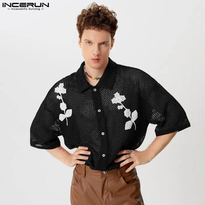 Fashion Well Fitting Tops INCERUN Handsome Men Hollow Mesh Decal Shirts Casual Streetwear Personality Short Sleeved Blouse S-5XL