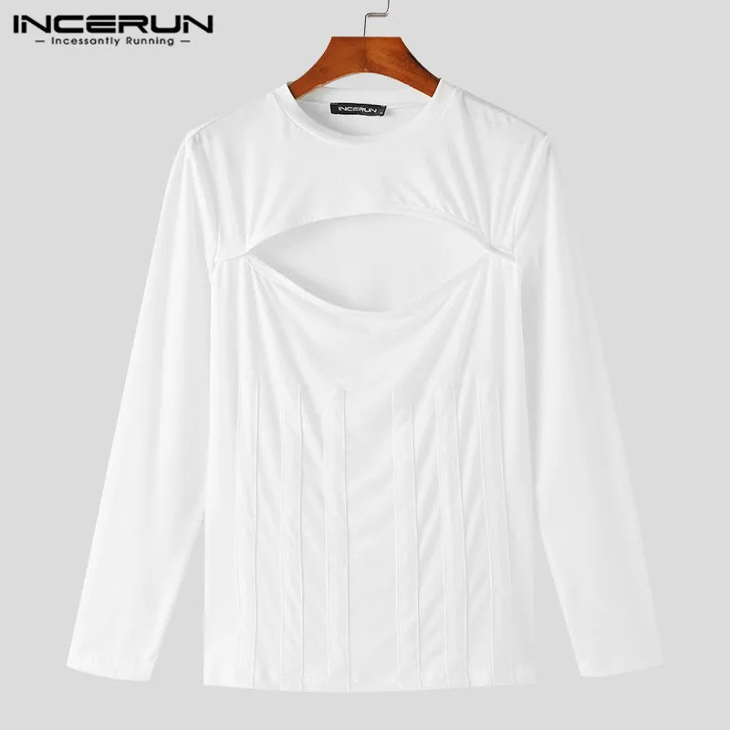 Modische neue Herrenoberteile INCERUN Deconstruction Design T-Shirts Casual Solid Hollow Strick Enge Langarm Camiseta S-5XL