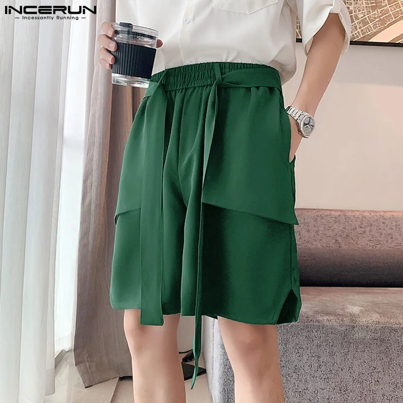 INCERUN 2024 Korean Style Shorts New Men's Ribbon Design Straight Leg Shorts Casual Streetwear Male Wide Leg Cargo Shorts S-5XL