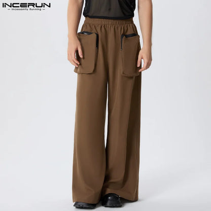 INCERUN 2024 American Style Pantalons Stylish Mens Double Pocket Loose Wide Leg Pant Male Streetwear Casual Solid Trousers S-5XL