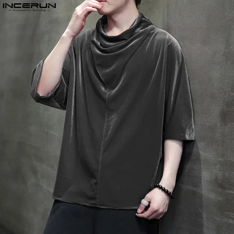 Handsome Well Fitting Tops INCERUN Men's Solid Pile Up Collar Design Shirts Fashion Casual Male Suede Long Sleeved Blouse S-5XL