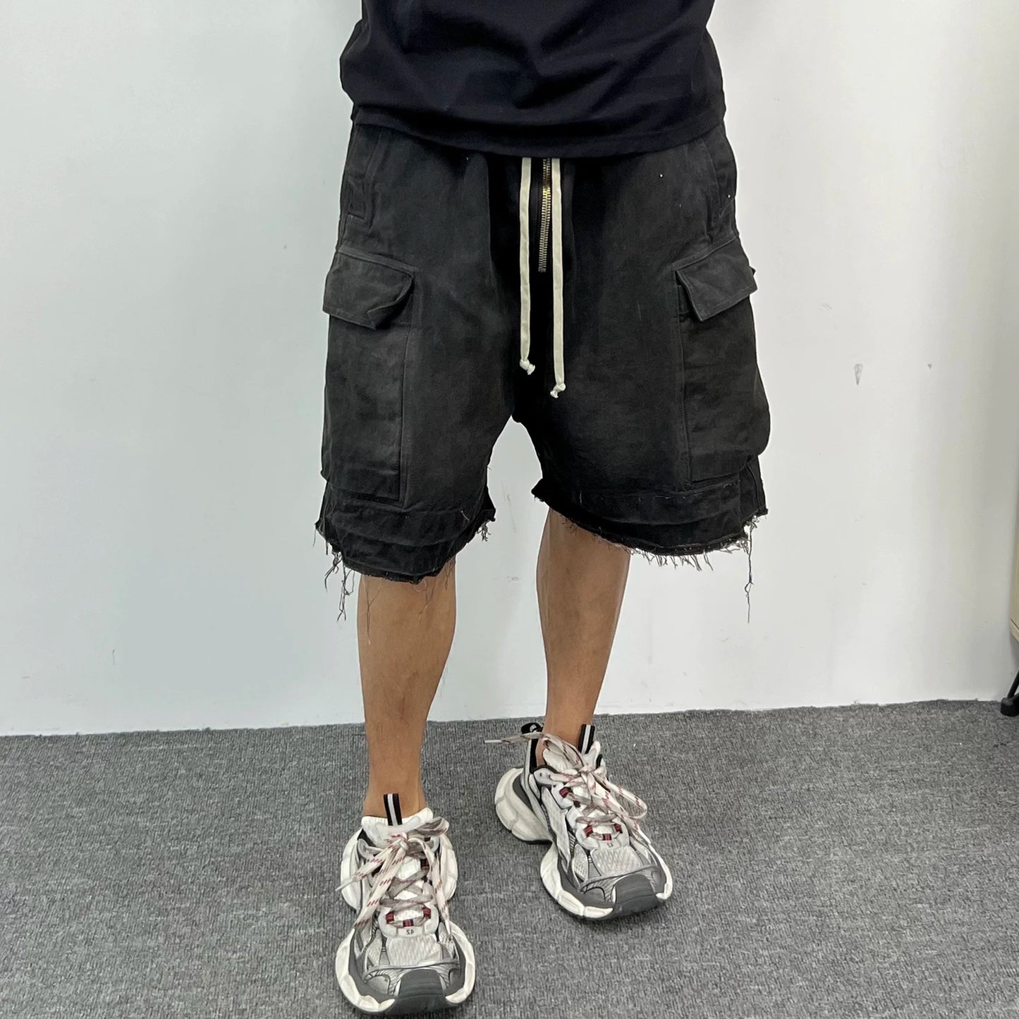 Ro Style Ribbons Streetwear Cargo-Shorts mit mehreren Taschen für Herren, elastische Taille, weites Bein, Baggy-Jeans, knielange Hose, lockerer Overall