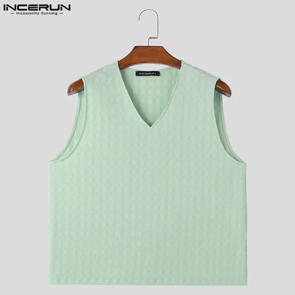 INCERUN Tops 2024 American Style Mens Solid Textured V-neck Design Vests Casual Comfortable All-match Sleeveless Tank Tops S-5XL