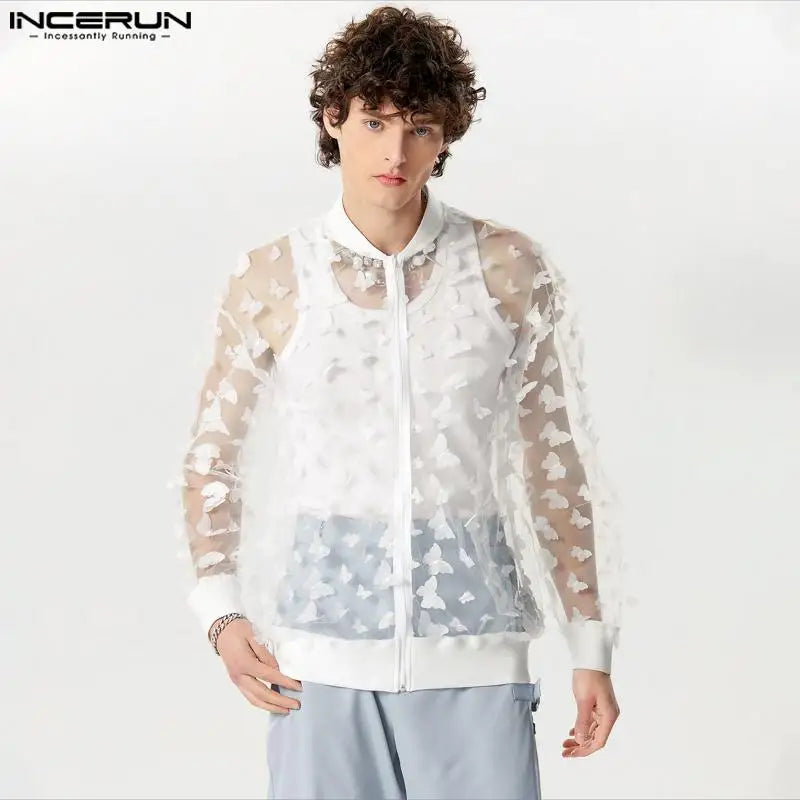 Mode Lässig Stil Tops INCERUN 2024 Neue Herren Persönlichkeit Muster Mesh Shirts Hübscher Männlicher Heißer Verkauf Langarm Bluse S-5XL