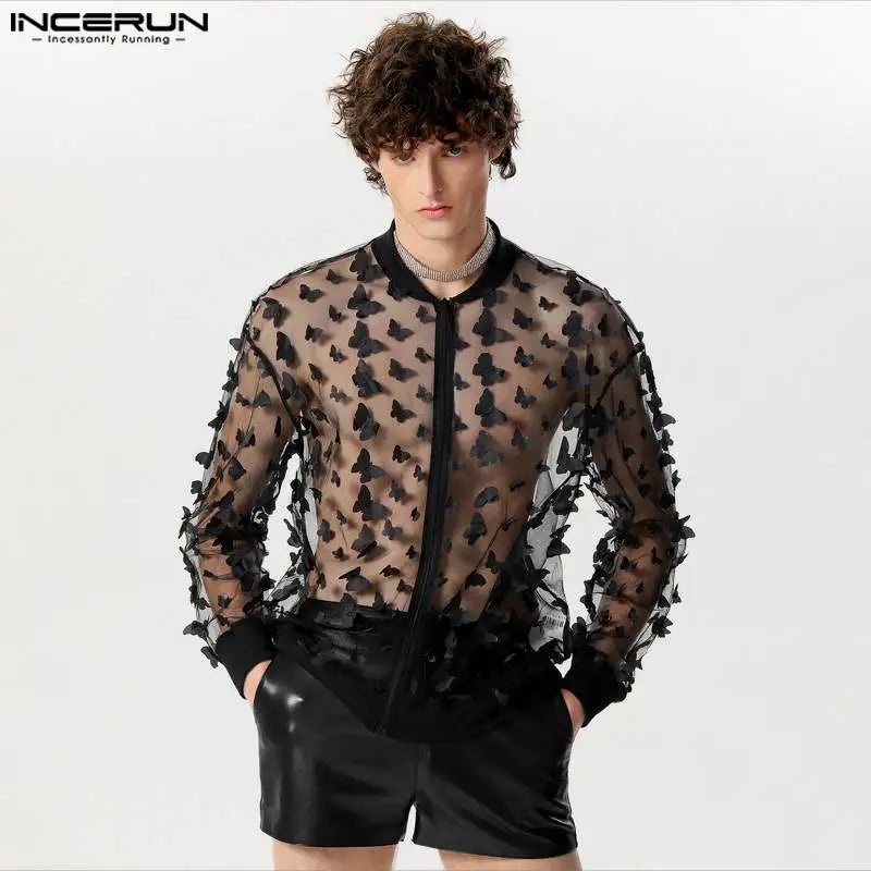 Fashion Casual Style Tops INCERUN 2024 New Mens Personality Pattern Mesh Shirts Handsome Male Hot Sale Long Sleeved Blouse S-5XL