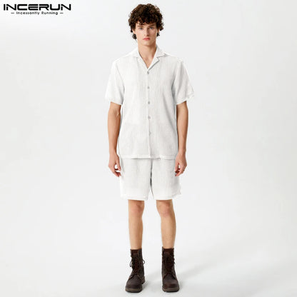 INCERUN 2024 American Style Sets Men's Casual Short Sleeved Shirts Shorts Stylish Male See-through Stripes Two-piece Sets S-5XL