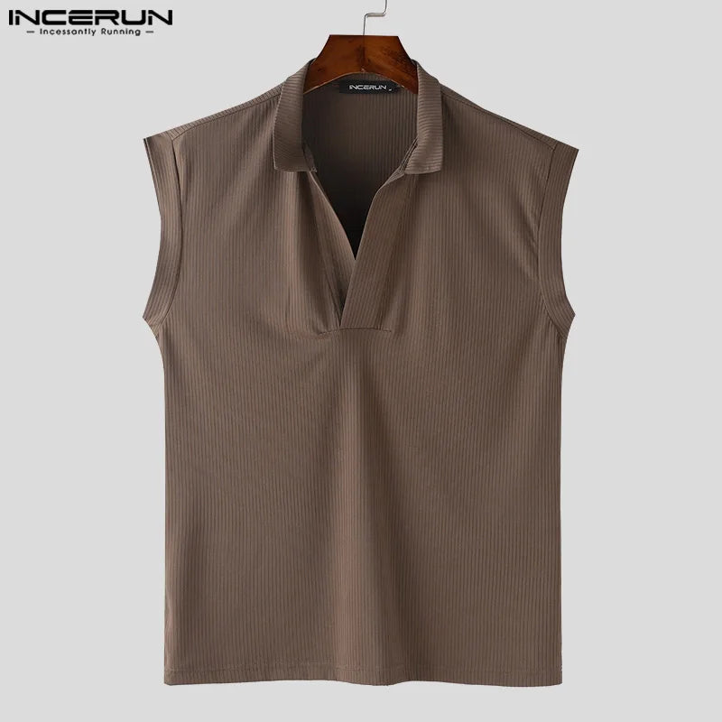 INCERUN Tops 2024 Korean Style Stylish Mens Simple V-neck Striped Tank Tops Summer Casual Streetwear Male Sleeveless Vests S-5XL