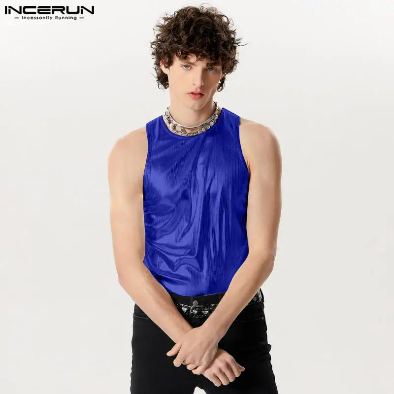 INCERUN Tops 2024 American Style Men's Sparkling Fabric Knitted Desian Vests Stylish Casual All-match Sleeveless Tank Tops S-5XL