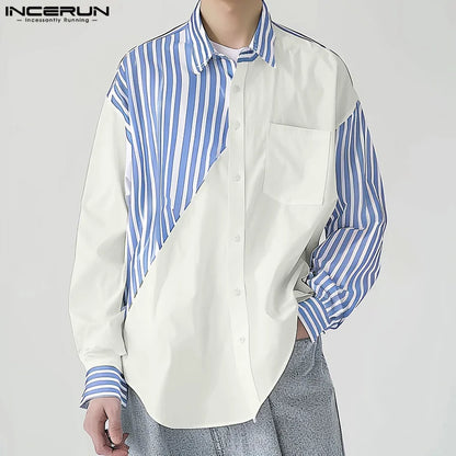 INCERUN Tops 2024 Koreanischen Stil Männer Gestreiften Patchwork Kontrast Shirts Casual Streetwear Persönlichkeit Langarm Bluse S-5XL