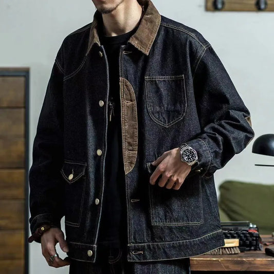 HOUZHOU Vintage Jeansjacke Herren Retro Cargojacke Mäntel Oberbekleidung Mantel für Herren Distressed Streetwear Japanischer Patchwork