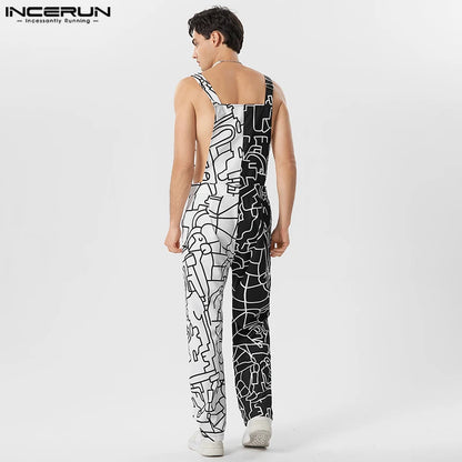 INCERUN 2023 American Style Men Bodysuit Black&White Contrast Color Graffiti Hollow Jumpsuits Casual Sexy Hot Sale Rompers S-5XL