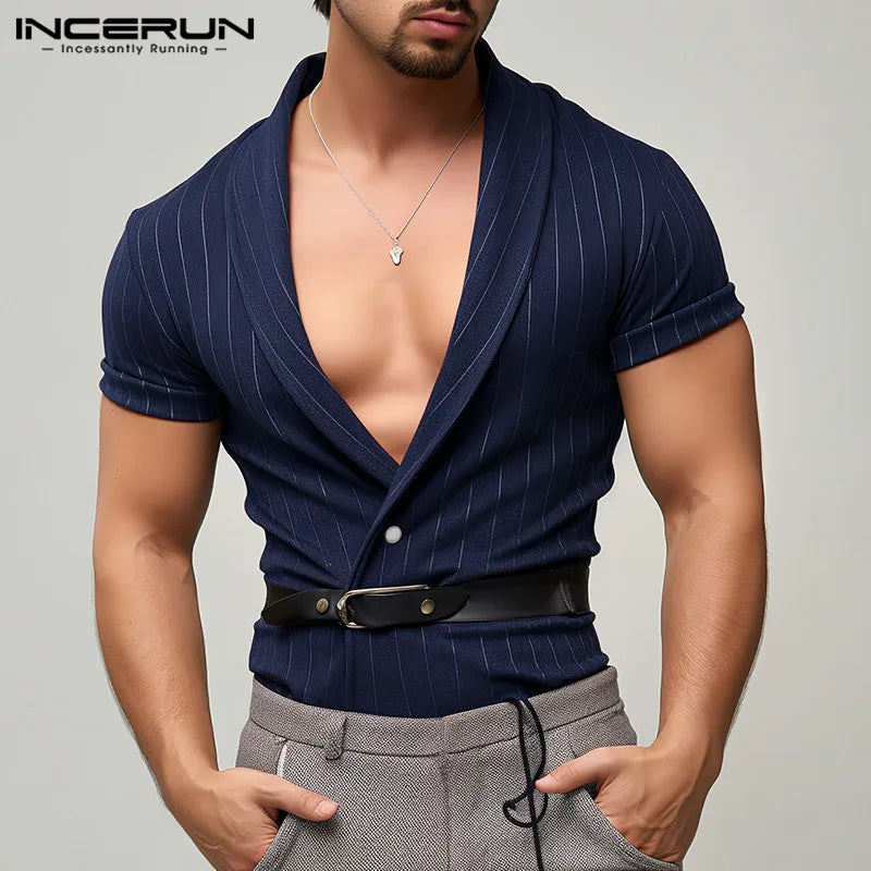 Chemises d'été 2024 pour hommes INCERUN Mode Hauts à manches courtes Vêtements pour hommes Chemises décontractées à rayures S-5XL Bouton Col en V