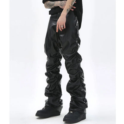 Pantalon plissé en cuir PU pour homme, style hip-hop, style rétro, streetwear, ample, froncé, décontracté, droit, couleur unie, noir