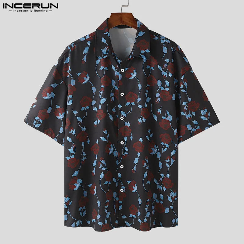 INCERUN Tops 2024 Korean Style Fashion Men Rose Printing Shirts Casual Streetwear Personality Lapel Medium Sleeved Blouse S-5XL