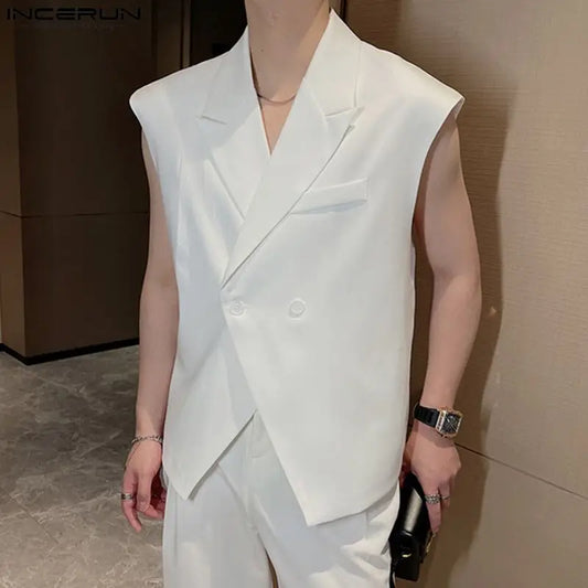 INCERUN Tops 2023 Korean Style Handsome Men Suits Vests Casual Streetwear Male Solid All-match Simple Sleeveless Waistcoat S-5XL