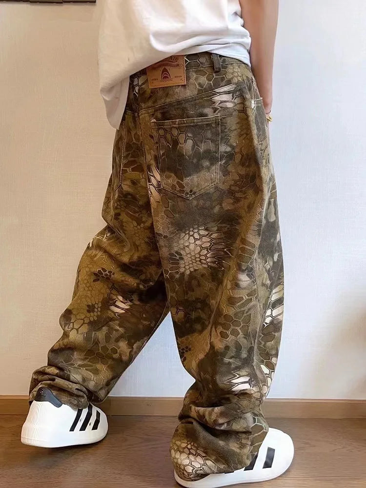 HOUZHOU Pantalon camouflage imprimé animal serpent pour hommes Jeans jambe large Pantalon Demin Homme Streetwear Hip Hop Vintage Casual