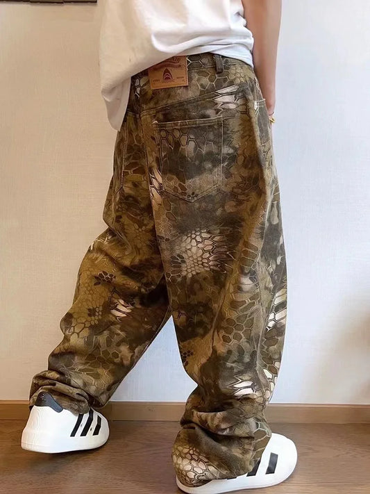 HOUZHOU Snake Animal Print Camouflage Pants for Men Wide Leg Jeans Demin Trousers Male Streetwear  Hip Hop Vintage Casual