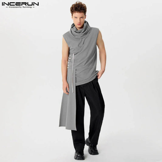 Fashion Casual Style Tops INCERUN Men's High Neck Irregular Design Vests Streetwear Patchwork Striped Sleeveless Tank Tops S-5XL