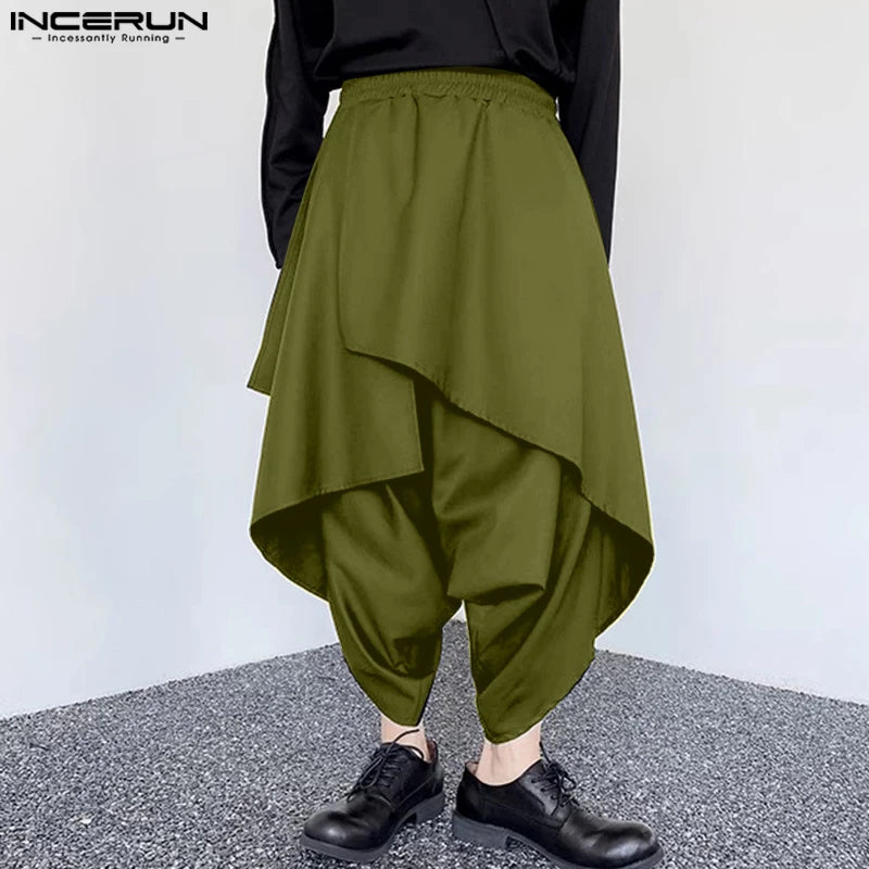 INCERUN 2024 Pantalons de style coréen pour hommes Conception à plusieurs niveaux Pantalon à entrejambe large Pantalon décontracté pour hommes Pantalon solide irrégulier ample S-5XL