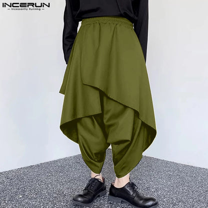 INCERUN 2024 Pantalons de style coréen pour hommes Conception à plusieurs niveaux Pantalon à entrejambe large Pantalon décontracté pour hommes Pantalon solide irrégulier ample S-5XL