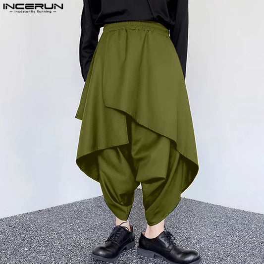 INCERUN 2024 Herrenpantalons im koreanischen Stil, mehrstufiges Design, große Schritthose, lässige, lose, unregelmäßige, feste Hose, S-5XL