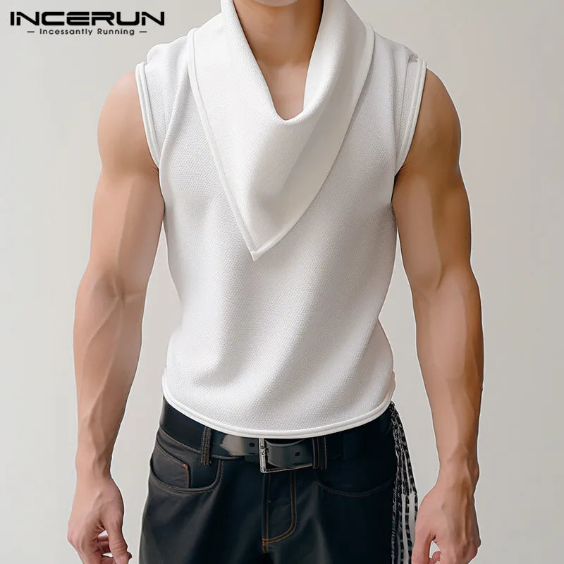 INCERUN Tops 2024 Korean Style Fashion Men's Pile Neck Vests Casual Streetwear Solid All-match Simple Sleeveless Tank Tops S-5XL